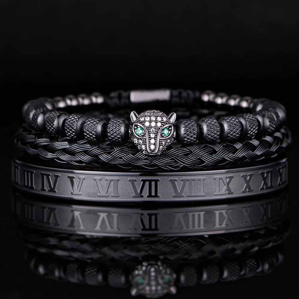 Benjamin Two-Piece Set | Beaded Panther Charm Braided Cuff Bracelet Set