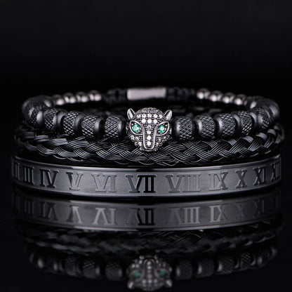 Benjamin Two-Piece Set | Beaded Panther Charm Braided Cuff Bracelet Set