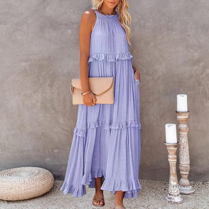 Women's Maxi Dress - Sleeveless Long Model - Airy Design with Ruffle Details