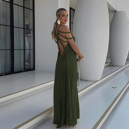 Maxi Dress for Women – Flexible Braided Straps – Pleated Fabric – Elegant Loose Fit