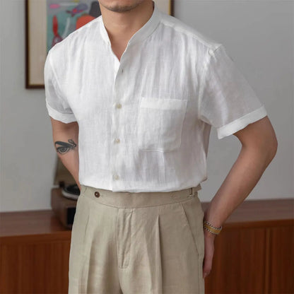 Men's Shirt – Relaxed Fit – Linen – Mandarin Collar – Long Sleeves – Button Closure
