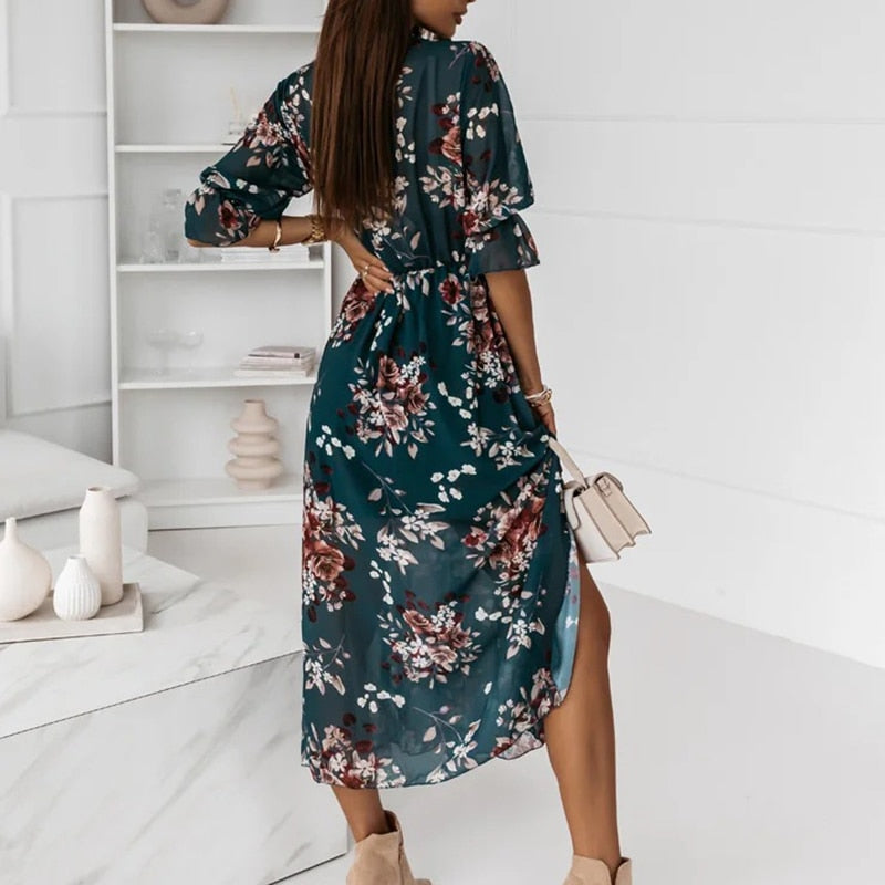 Women's Maxi Dress - V-Neck - 3/4 Sleeves - Elastic Waist - Slit - Light and Elegant