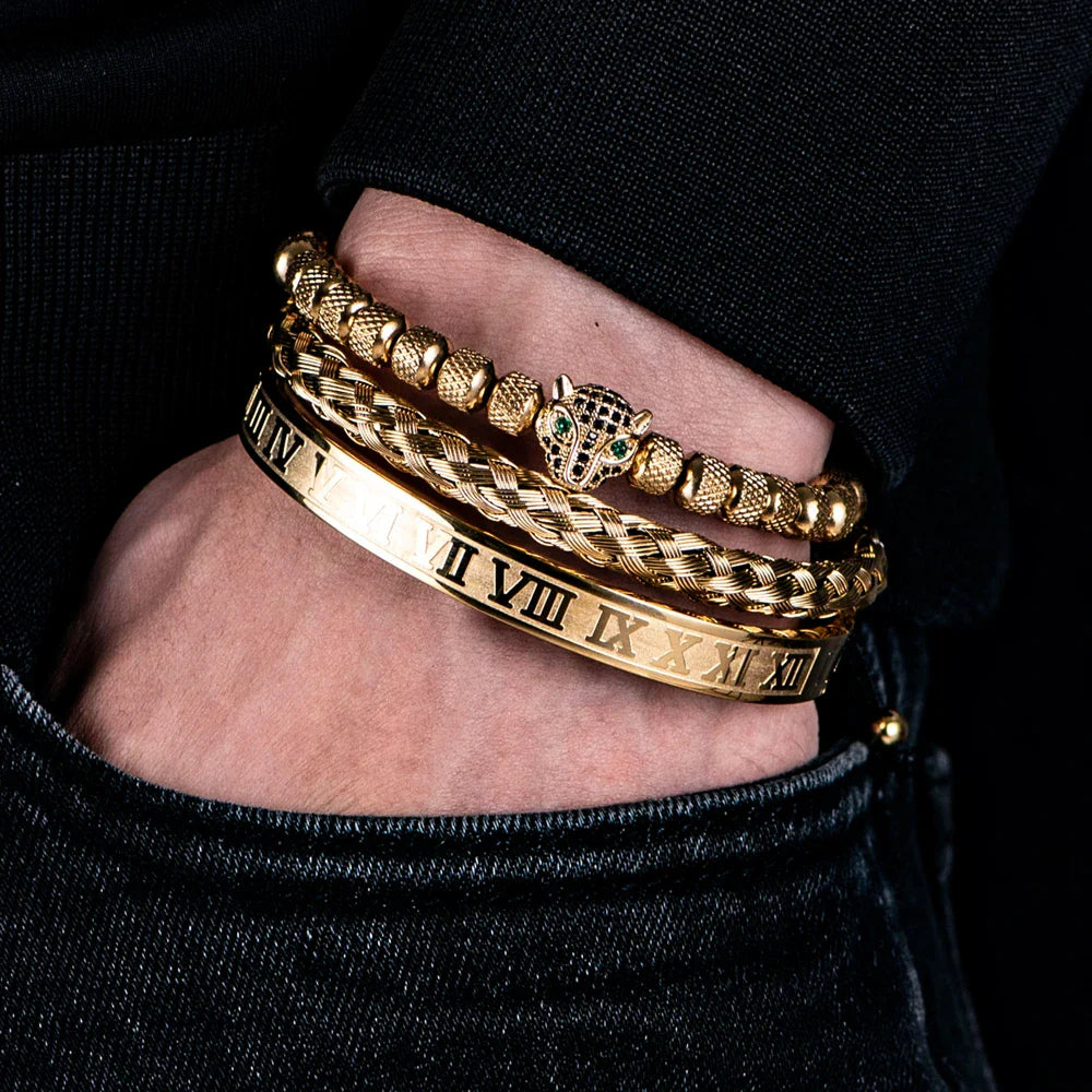 Benjamin Two-Piece Set | Beaded Panther Charm Braided Cuff Bracelet Set
