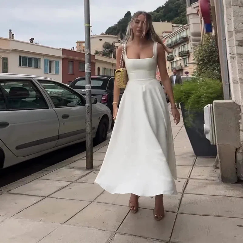 Women's Midi Dress - A-Line Fit - Square Neckline - Elegant and Classic Design