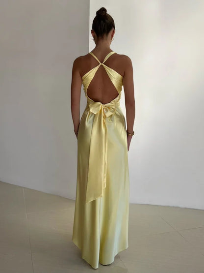 Women's Evening Dress - Sleeveless V-neck - Long A-line Silhouette - Elegant Party Dress