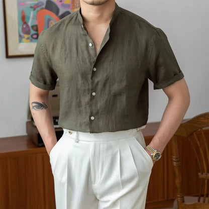 Men's Shirt – Relaxed Fit – Linen – Mandarin Collar – Long Sleeves – Button Closure