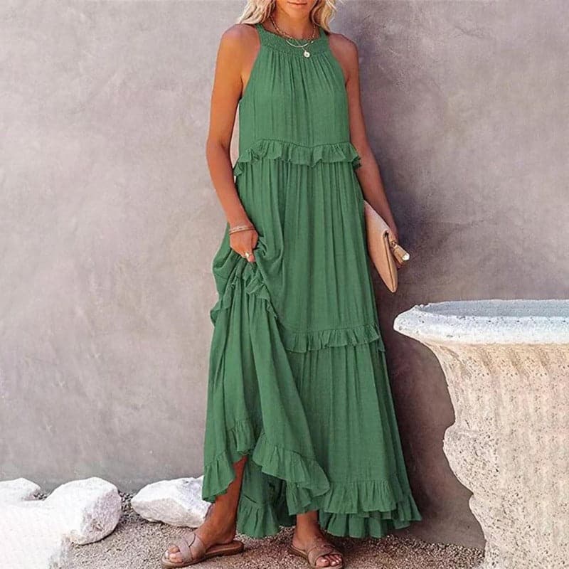 Women's Maxi Dress - Sleeveless Long Model - Airy Design with Ruffle Details