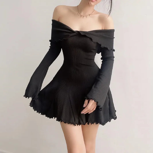 Women's Off-Shoulder Dress - Ribbed Stretch Fabric - A-Line Mini - Ruched Neckline