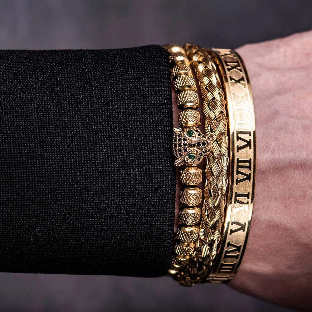 Benjamin Two-Piece Set | Beaded Panther Charm Braided Cuff Bracelet Set