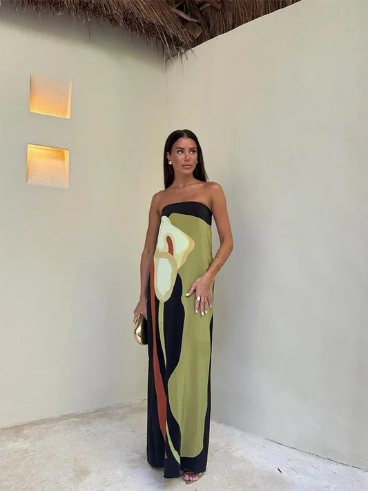 Women's Maxi Dress – Strapless – Loose Fit – Breathable Fabric – Abstract Pattern