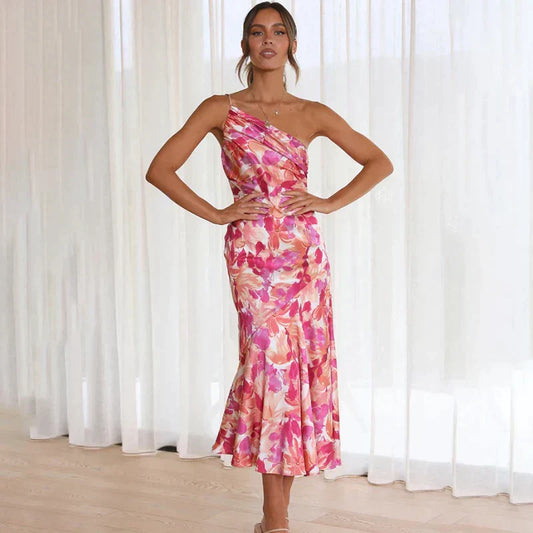 Women's Midi Dress - One-Shoulder Design - Tailored Fit - Floral Print - Elegant Party Look