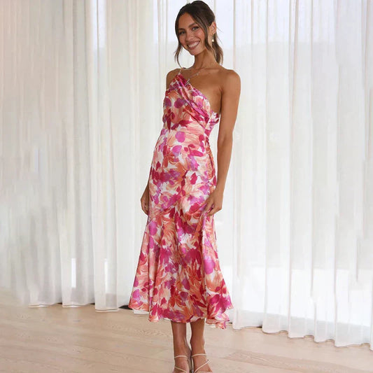 Dress for Women – Slim Fit – Satin – Draped Cut – One-Shoulder – Floral Pattern