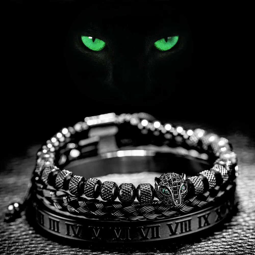 Benjamin Two-Piece Set | Beaded Panther Charm Braided Cuff Bracelet Set