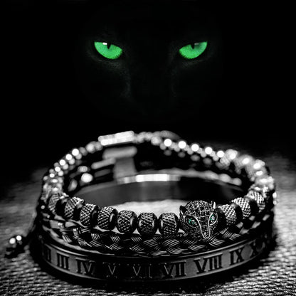 Benjamin Two-Piece Set | Beaded Panther Charm Braided Cuff Bracelet Set