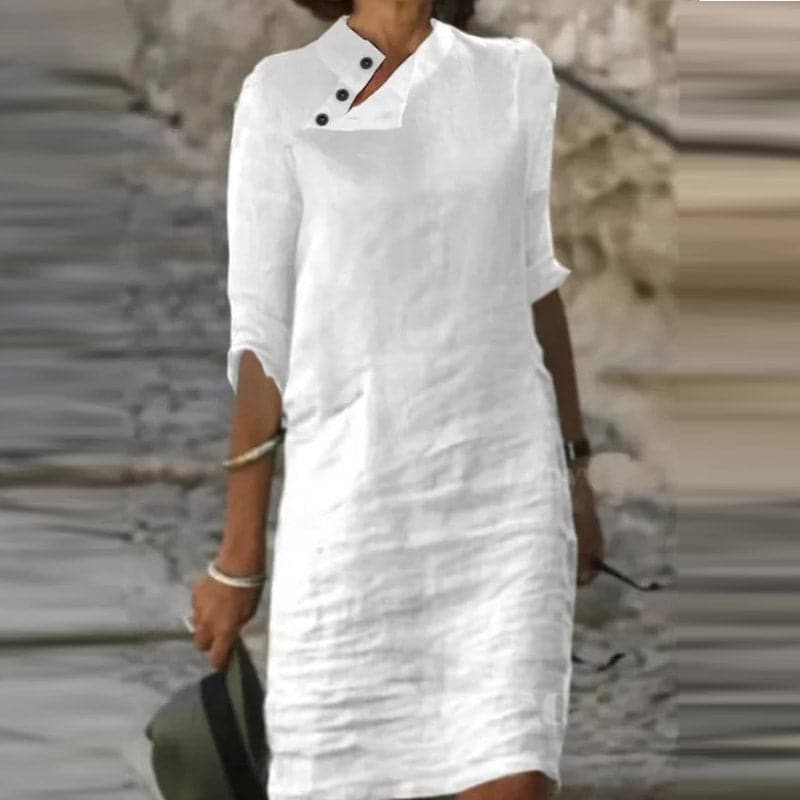 Women's Dress - Loose Fit - Knee Length - 3/4 Sleeves - Asymmetric Neckline with Button