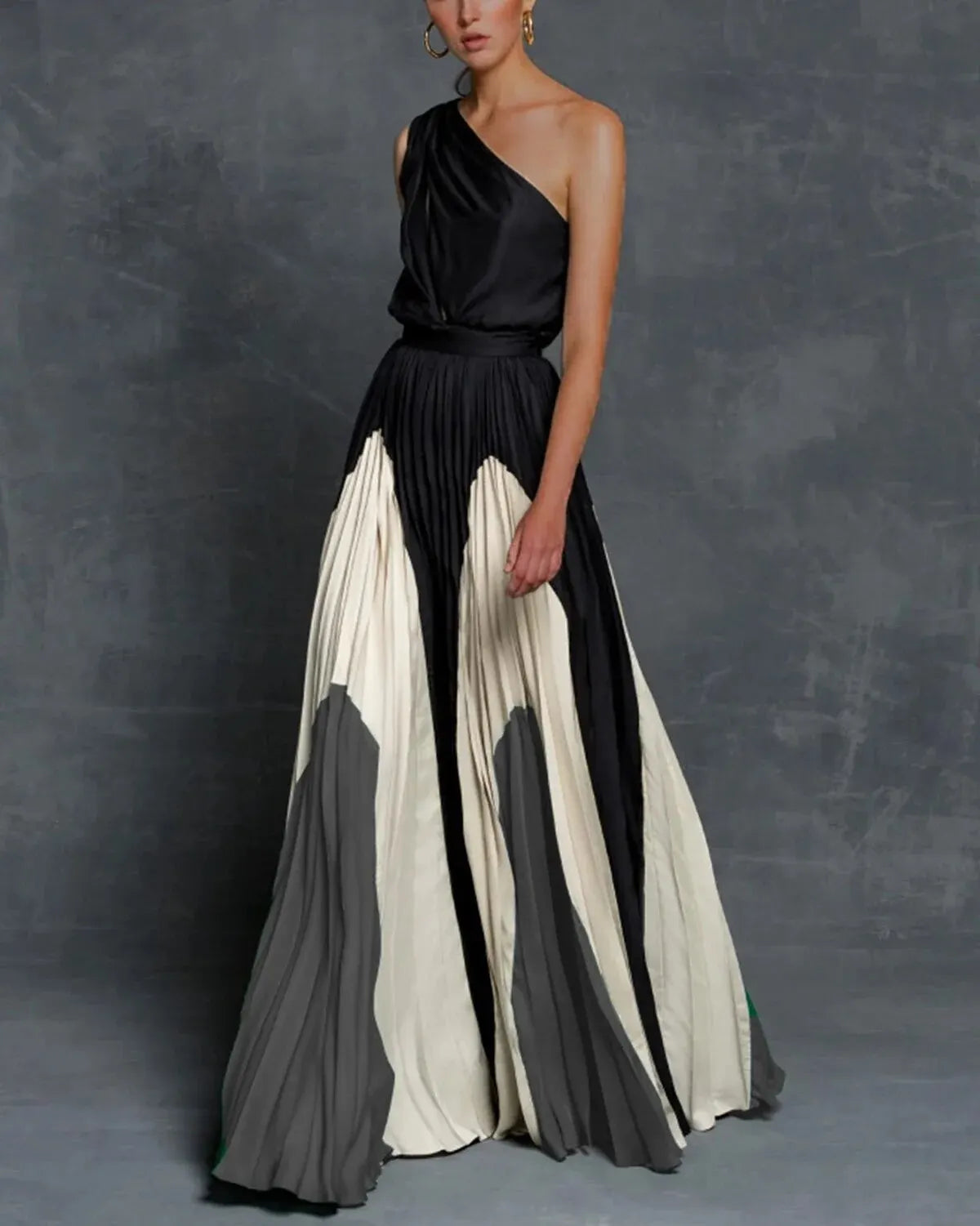 Women Maxi Dress - Asymmetric One-Shoulder - Pleated Elegance - Evening Dress