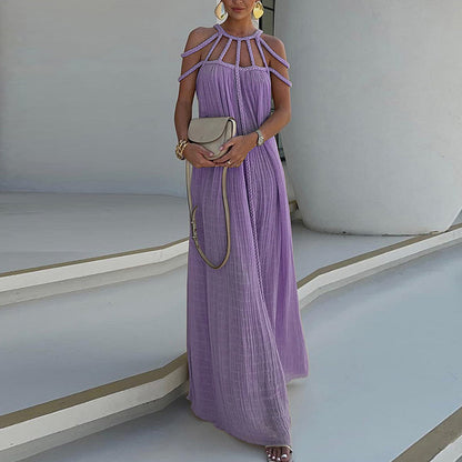 Maxi Dress for Women – Flexible Braided Straps – Pleated Fabric – Elegant Loose Fit