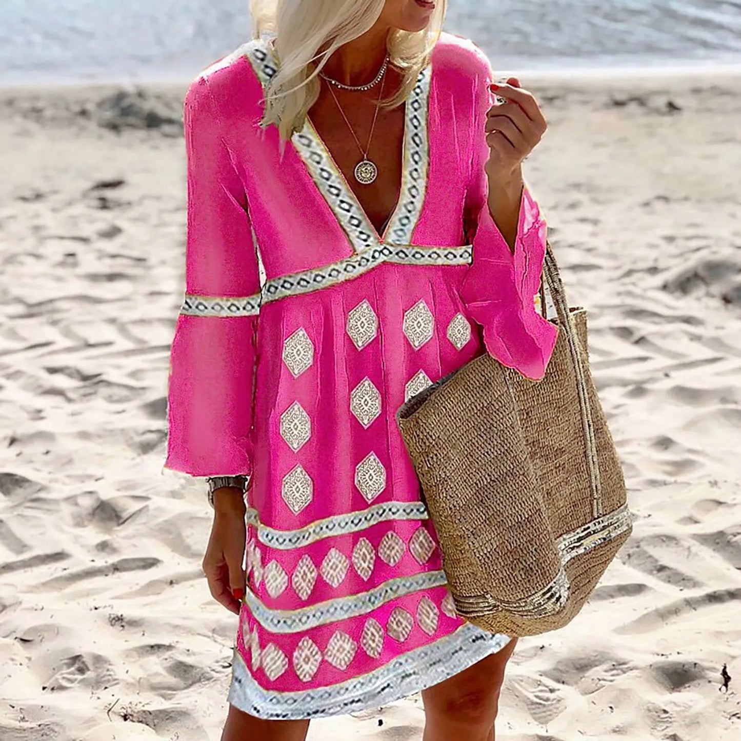 Women's Beach Dress - Loose Fit - V-Neck with Pattern - Ruffle Sleeves Bohemian Style