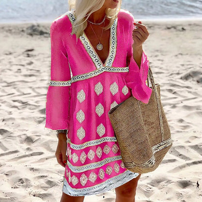 Women's Beach Dress - Loose Fit - V-Neck with Pattern - Ruffle Sleeves Bohemian Style