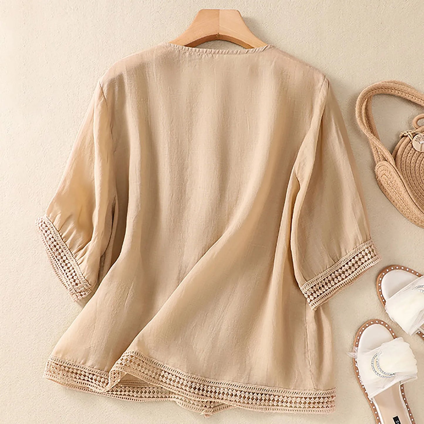 Lace Trim V Neck Blouse for Women – Lightweight Elegant Comfort