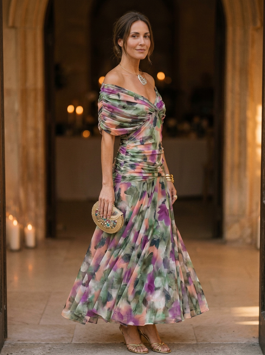 Off-Shoulder Evening Midi Dress for Women – Elegant Grace & Timeless Style