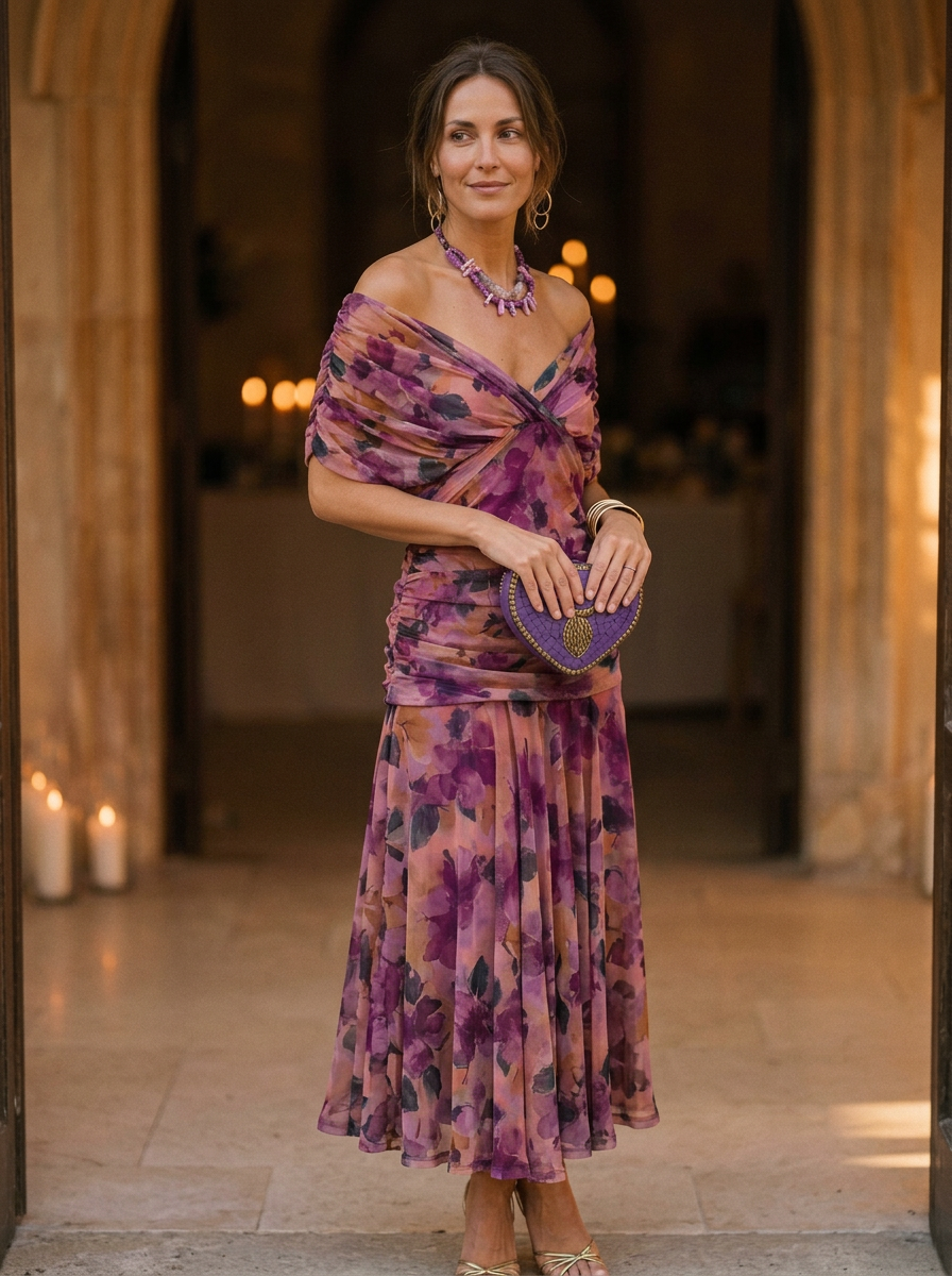 Off-Shoulder Evening Midi Dress for Women – Elegant Grace & Timeless Style