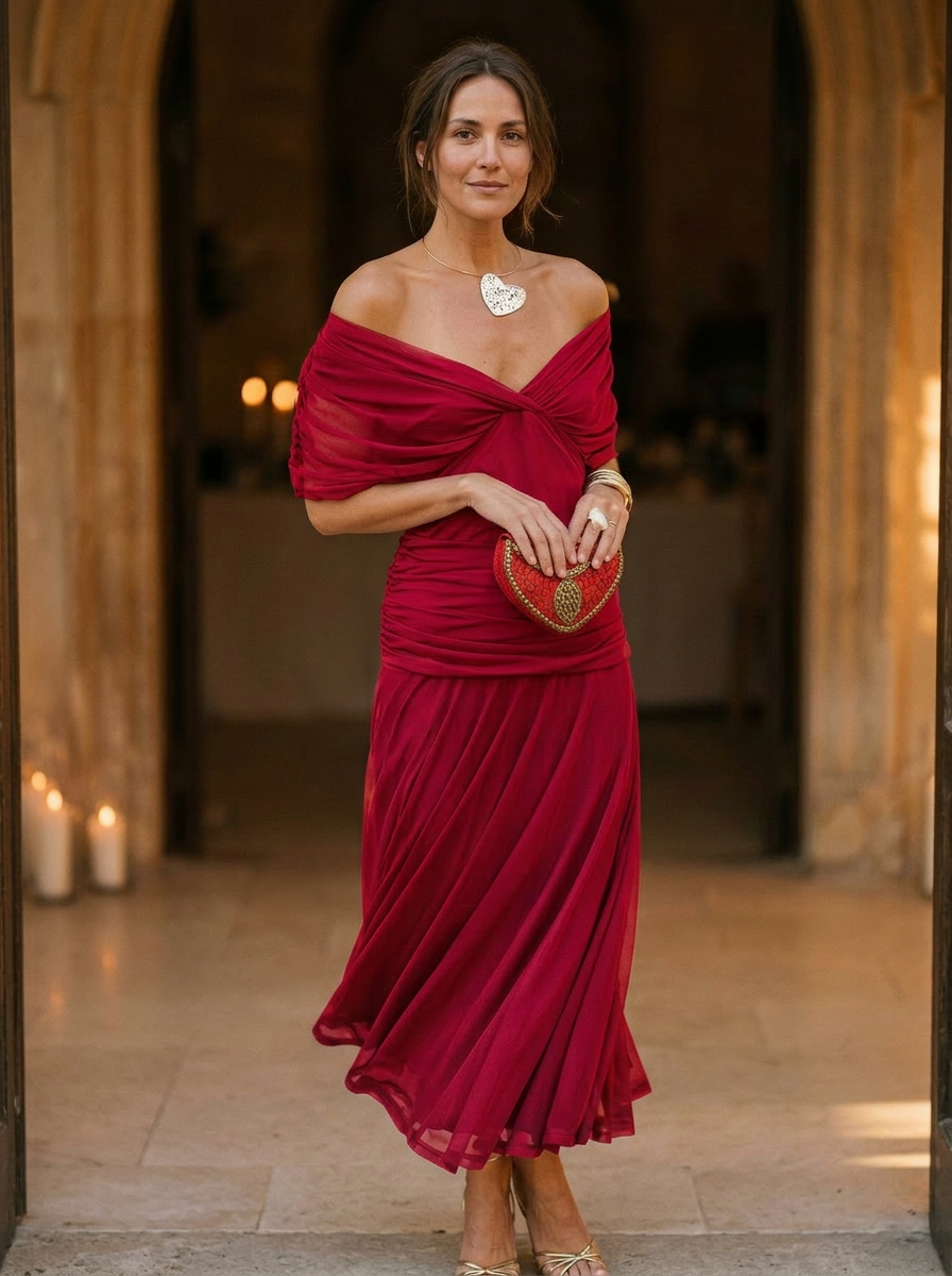 Off-Shoulder Evening Midi Dress for Women – Elegant Grace & Timeless Style