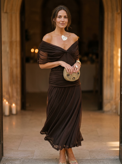 Off-Shoulder Evening Midi Dress for Women – Elegant Grace & Timeless Style