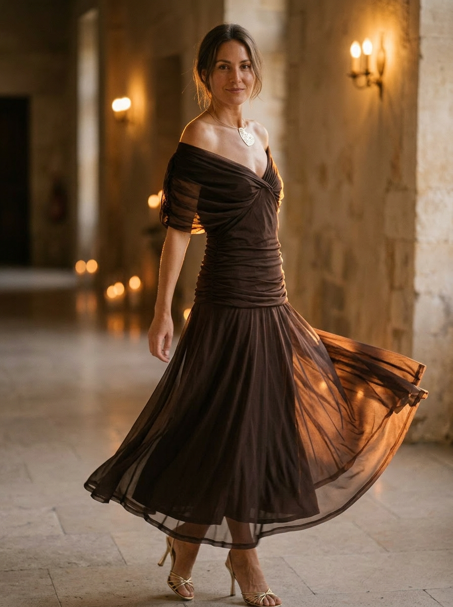 Off-Shoulder Evening Midi Dress for Women – Elegant Grace & Timeless Style