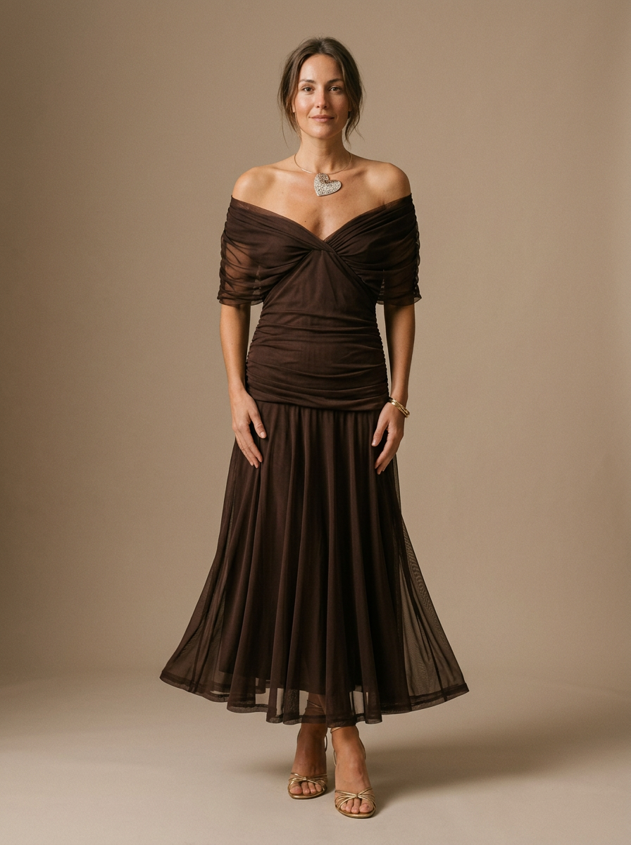 Off-Shoulder Evening Midi Dress for Women – Elegant Grace & Timeless Style