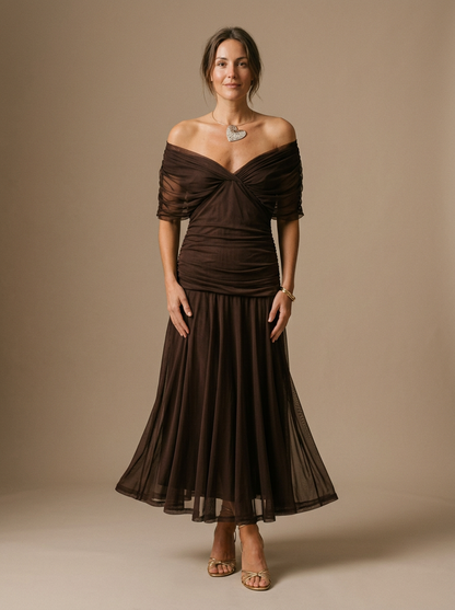 Off-Shoulder Evening Midi Dress for Women – Elegant Grace & Timeless Style