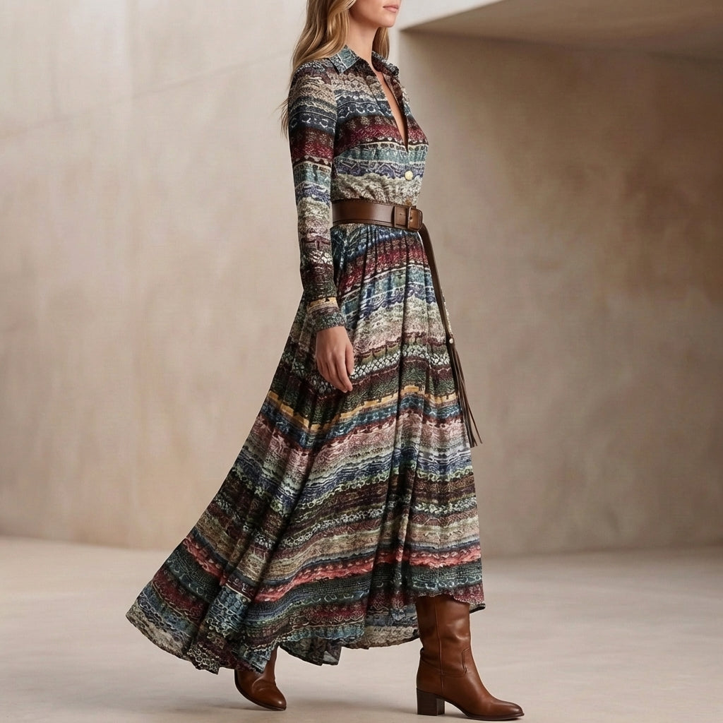 Bohemian Collared Belted A-Line Maxi Dress for Women – Casual Elegant Comfort