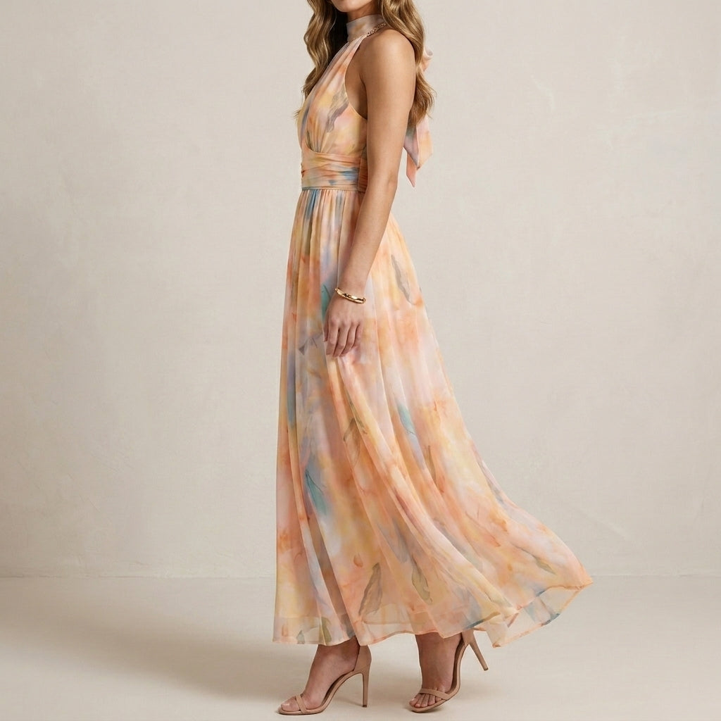 Watercolor Halter Midi Dress for Women – Graceful Occasion Elegance