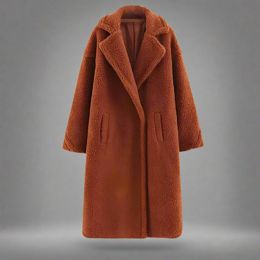 Women's Teddy Coat - Long Faux Shearling - Loose Fit - Elegant Notch Collar