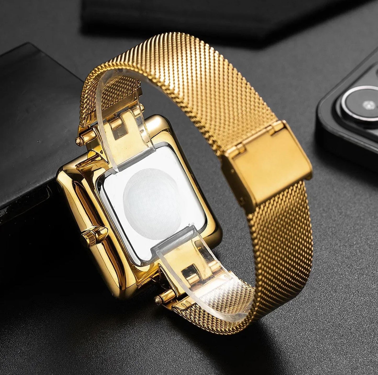 Isla Mesh Square Face Wristwatch | Solid Strap Wristwatch
