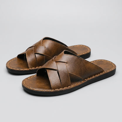 Cross-Strap Leather Slide Sandals for Men – Stylish Casual Comfort