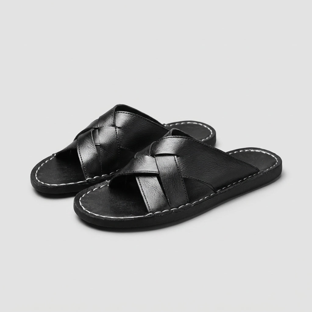 Cross-Strap Leather Slide Sandals for Men – Stylish Casual Comfort