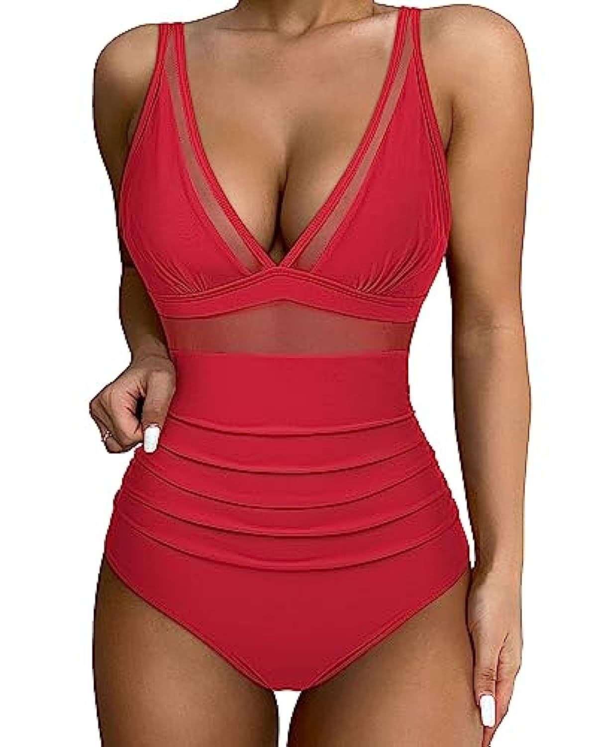 Swimsuit for Women – Tailored Fit – Deep V-Neck – Mesh Panels – Wide Straps