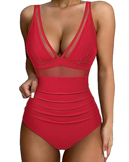 Swimsuit for Women – Tailored Fit – Deep V-Neck – Mesh Panels – Wide Straps
