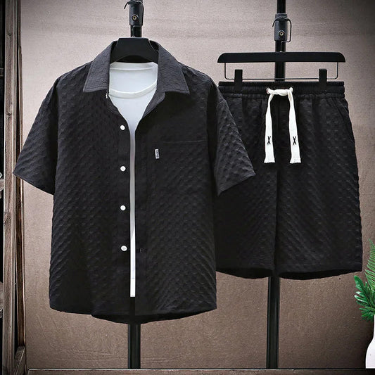 Men's Set with Shirt and Shorts – Relaxed Fit – Textured Breathable Fabric – Button Closure & Drawstring