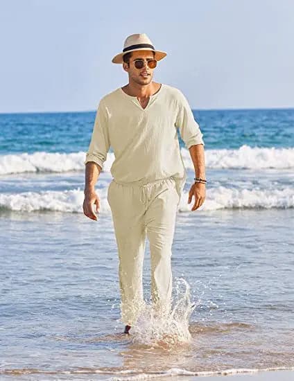 Men's Suit - Cotton Linen - Long-Sleeved Shirt & Lace-Up Trousers - Light and Breathable