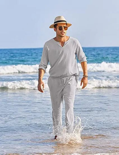 Men's Suit - Cotton Linen - Long-Sleeved Shirt & Lace-Up Trousers - Light and Breathable