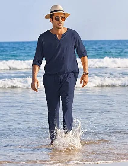 Men's Suit - Cotton Linen - Long-Sleeved Shirt & Lace-Up Trousers - Light and Breathable