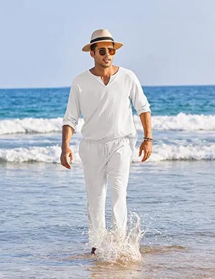 Men's Suit - Cotton Linen - Long-Sleeved Shirt & Lace-Up Trousers - Light and Breathable