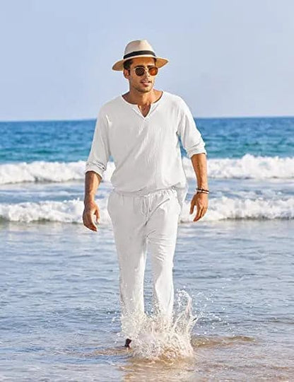 Men's Suit - Cotton Linen - Long-Sleeved Shirt & Lace-Up Trousers - Light and Breathable