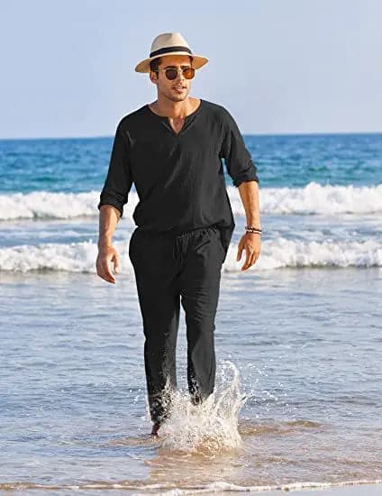 Men's Suit - Cotton Linen - Long-Sleeved Shirt & Lace-Up Trousers - Light and Breathable