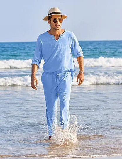 Men's Suit - Cotton Linen - Long-Sleeved Shirt & Lace-Up Trousers - Light and Breathable