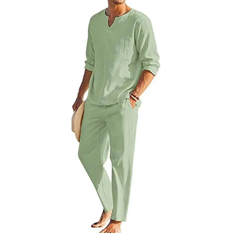Men's Suit - Cotton Linen - Long-Sleeved Shirt & Lace-Up Trousers - Light and Breathable