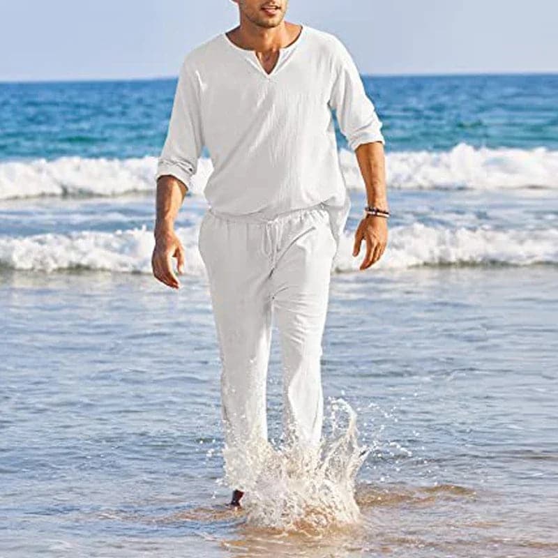 Men's Suit - Cotton Linen - Long-Sleeved Shirt & Lace-Up Trousers - Light and Breathable