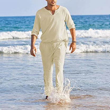 Men's Suit - Cotton Linen - Long-Sleeved Shirt & Lace-Up Trousers - Light and Breathable